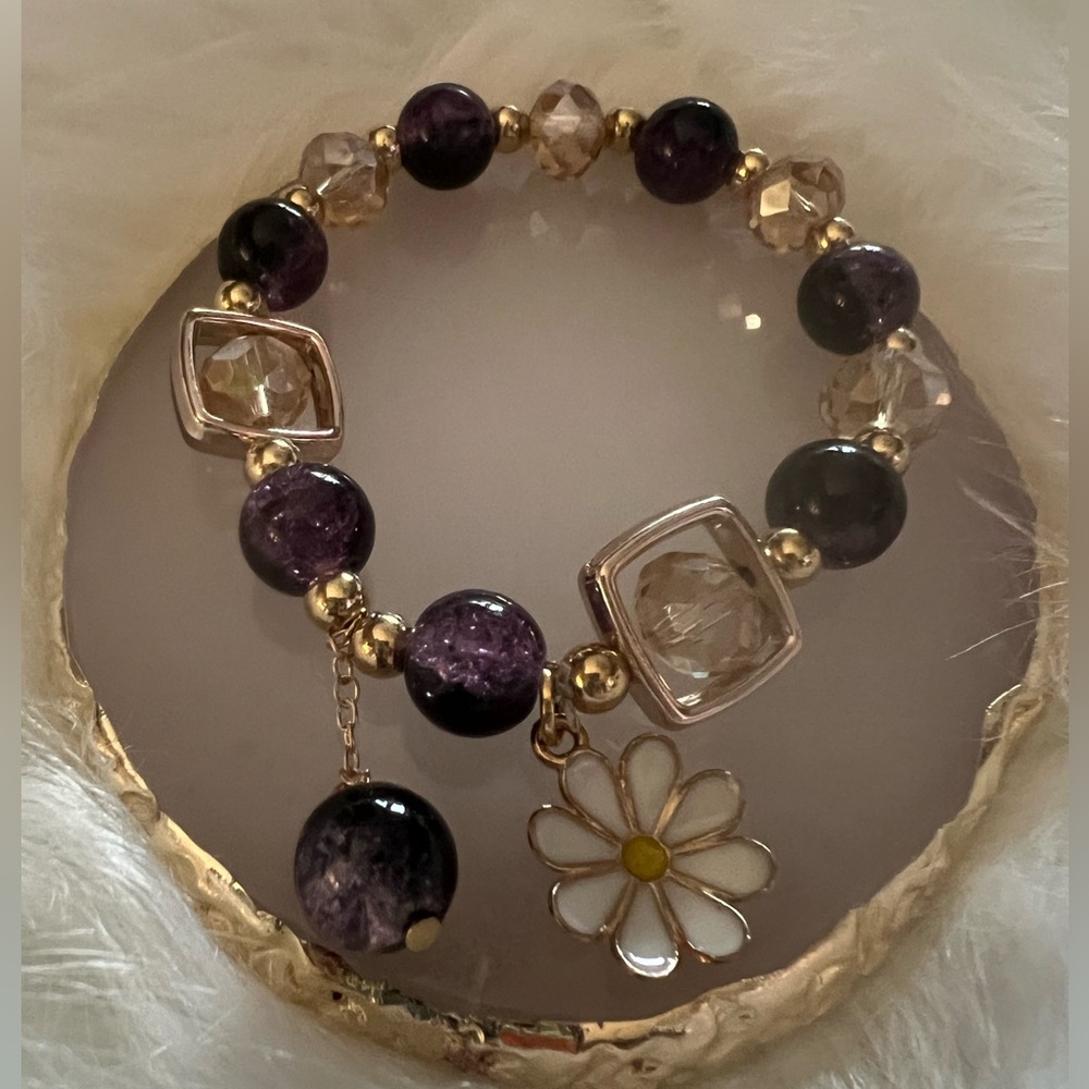 Purple Glass Beaded Bracelet w/ Gold Accents and Purple Daisy Charm